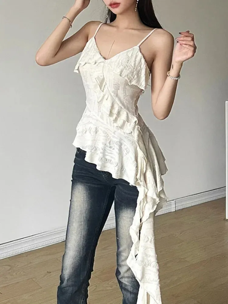 2024 Summer Irregular Ruffled Camisole Women Backless Y2k Vintage Solid Hole Tanks Female Grunge Sexy 2000s Aesthetic Long Tops