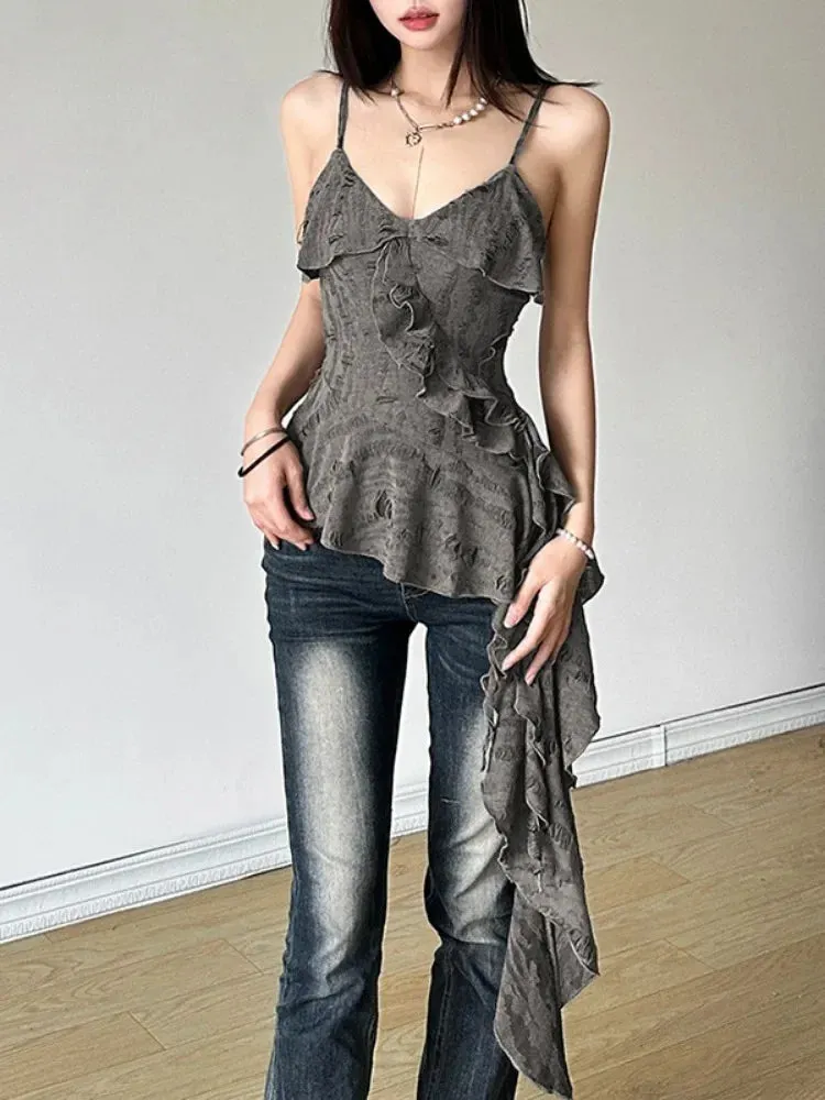 2024 Summer Irregular Ruffled Camisole Women Backless Y2k Vintage Solid Hole Tanks Female Grunge Sexy 2000s Aesthetic Long Tops