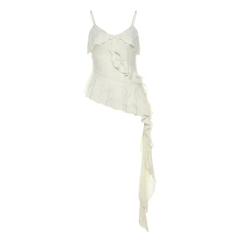 2024 Summer Irregular Ruffled Camisole Women Backless Y2k Vintage Solid Hole Tanks Female Grunge Sexy 2000s Aesthetic Long Tops