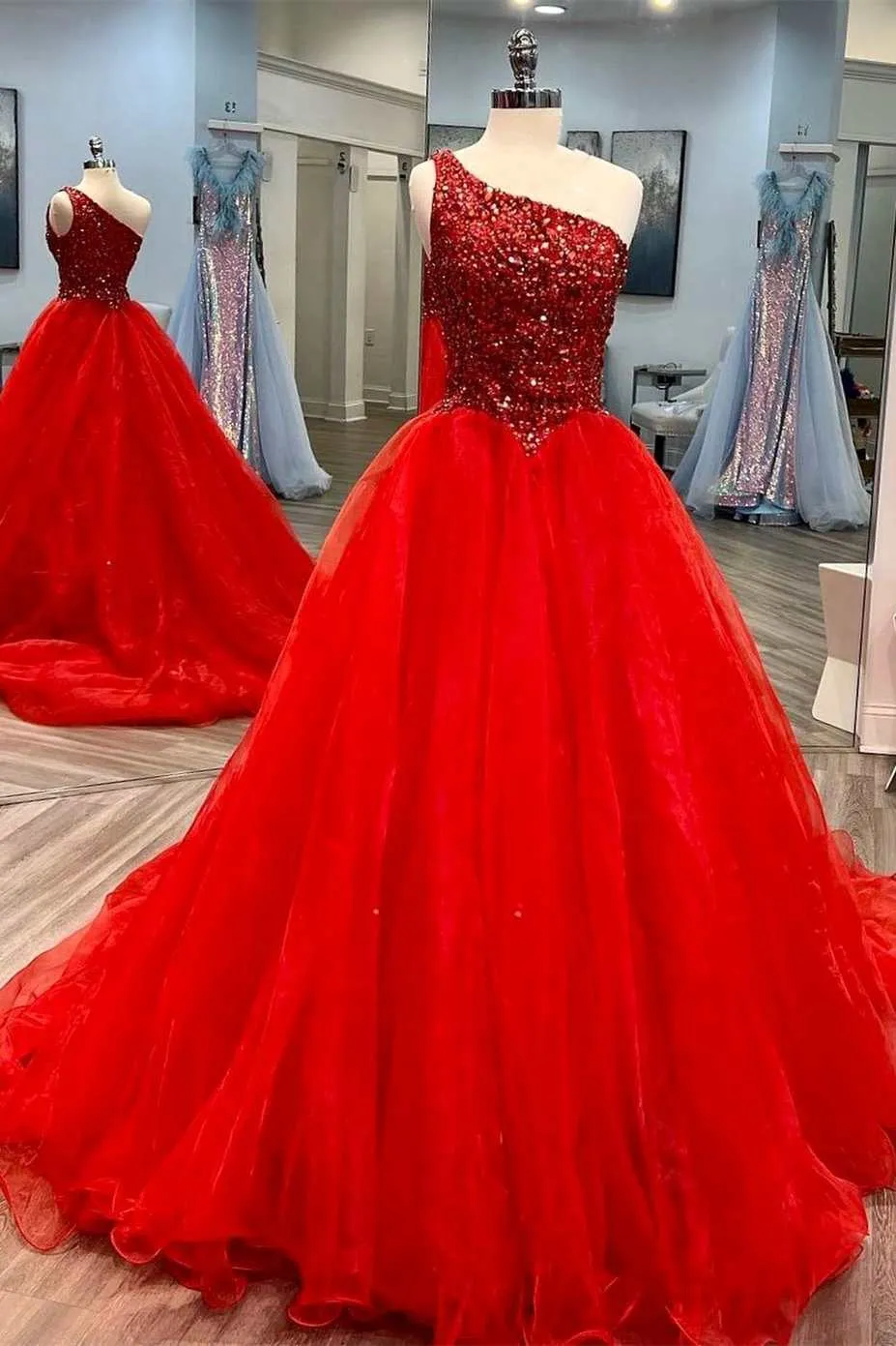 A-Line Sequin Blue Beaded One-Shoulder Prom Dresses, Long Tulle Formal Gown GP409