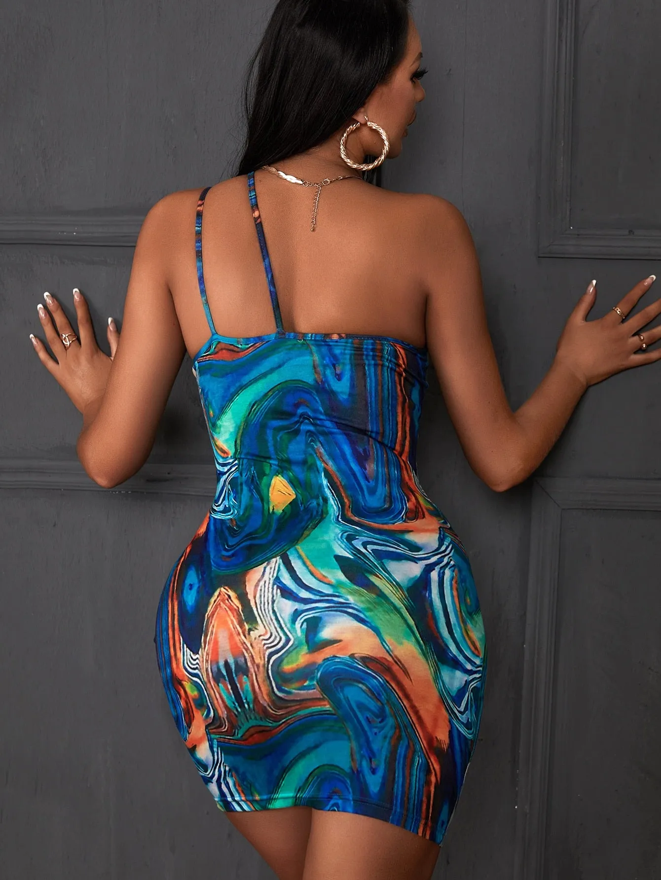 All Over Print Sleeveless One Shoulder Pencil Natural Short Dress