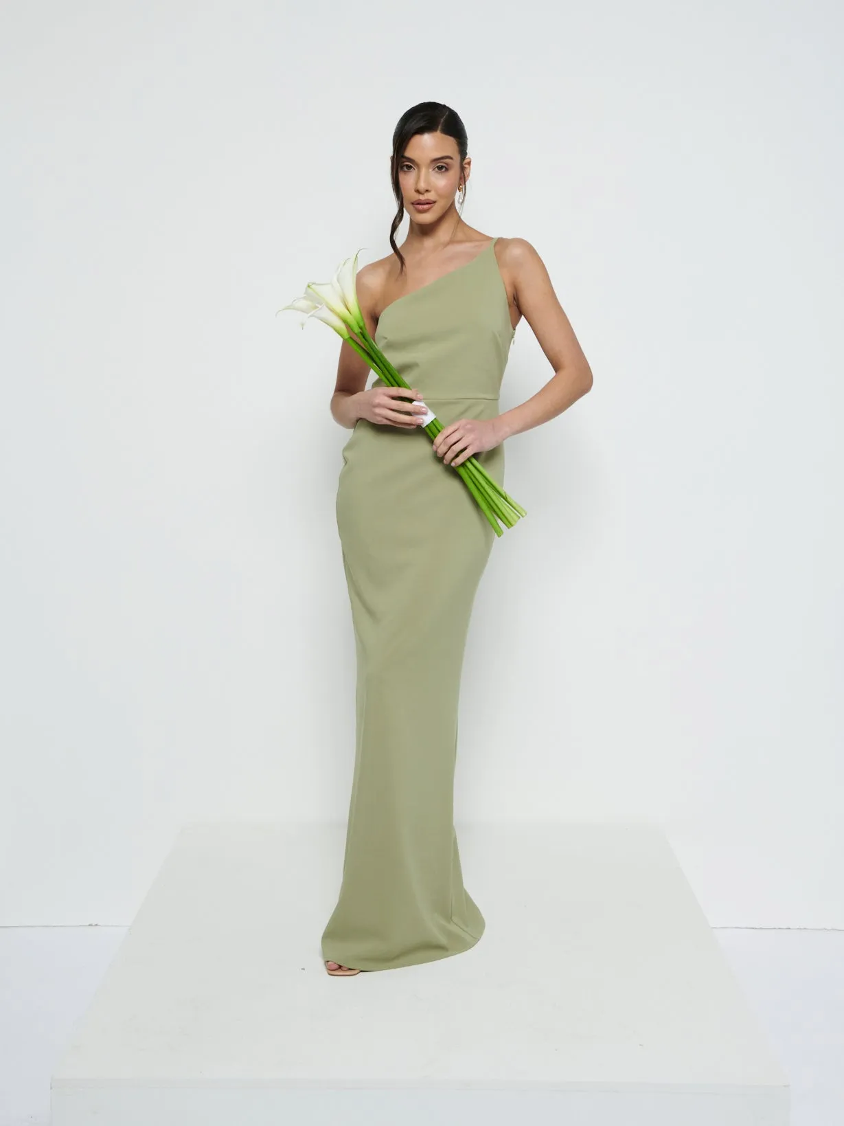 Amelia One Shoulder Crepe Maxi Bridesmaid Dress - Olive