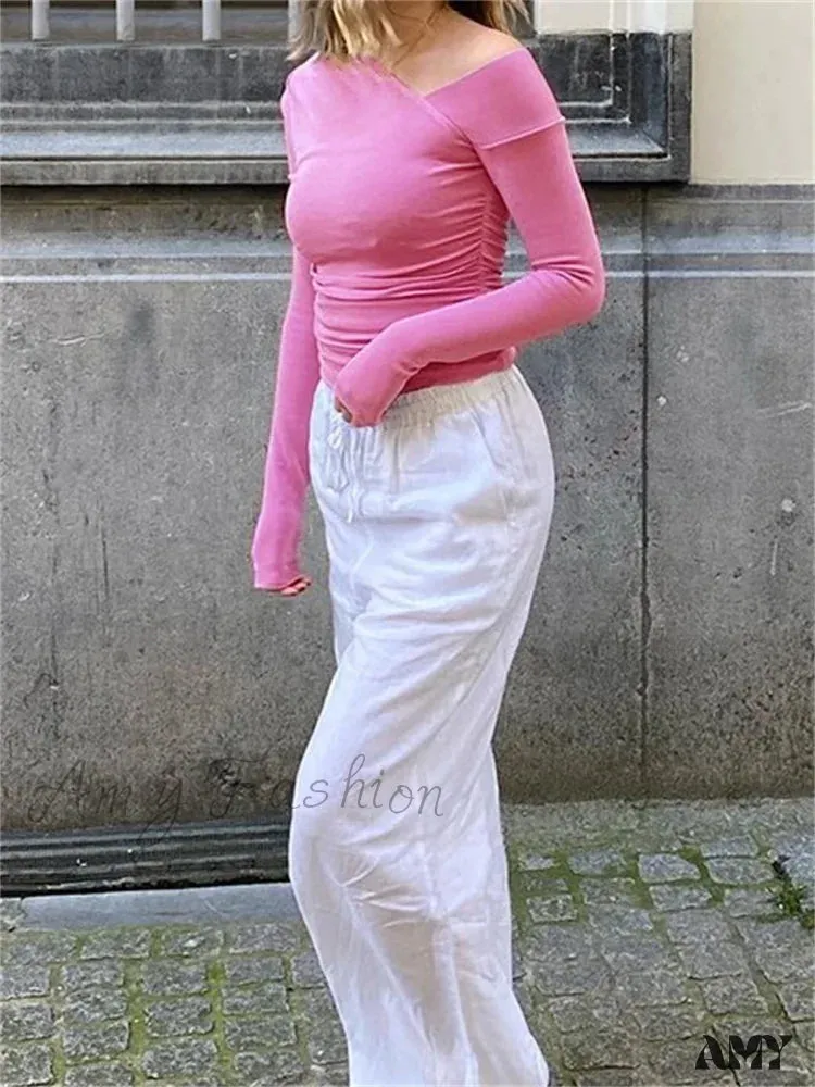 Amy Fashion - Solid Color Long Sleeve Off Shoulder Irregular Neck Ruched T-shirts
