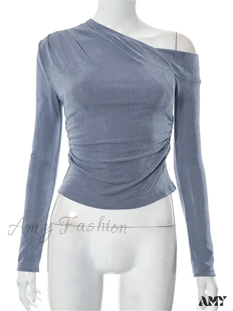 Amy Fashion - Solid Color Long Sleeve Off Shoulder Irregular Neck Ruched T-shirts