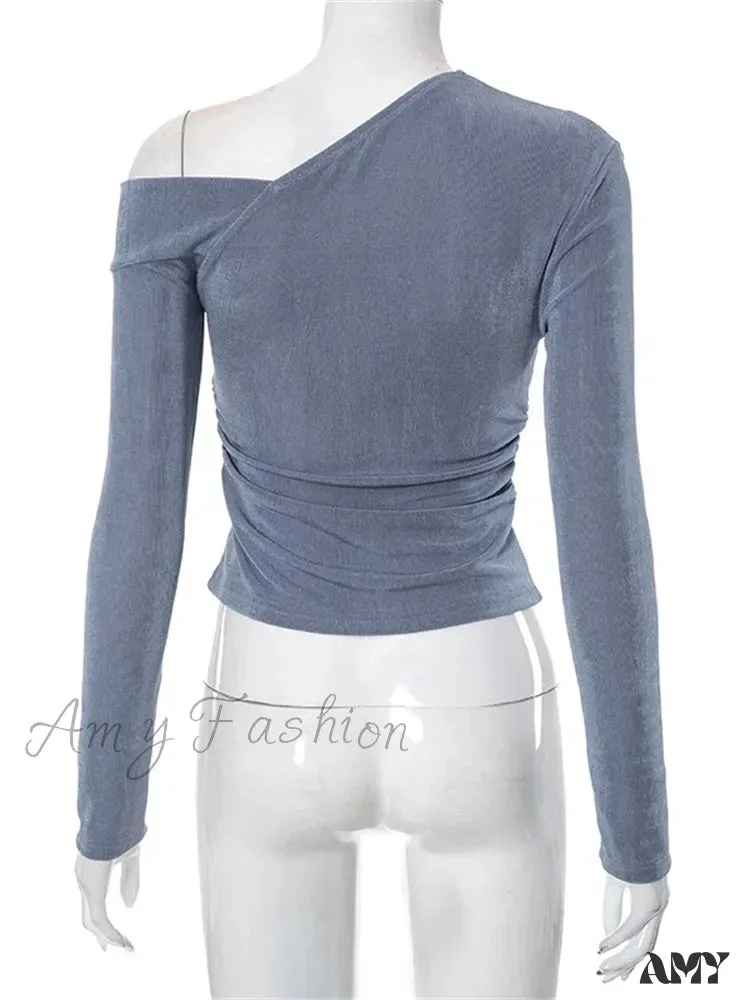 Amy Fashion - Solid Color Long Sleeve Off Shoulder Irregular Neck Ruched T-shirts