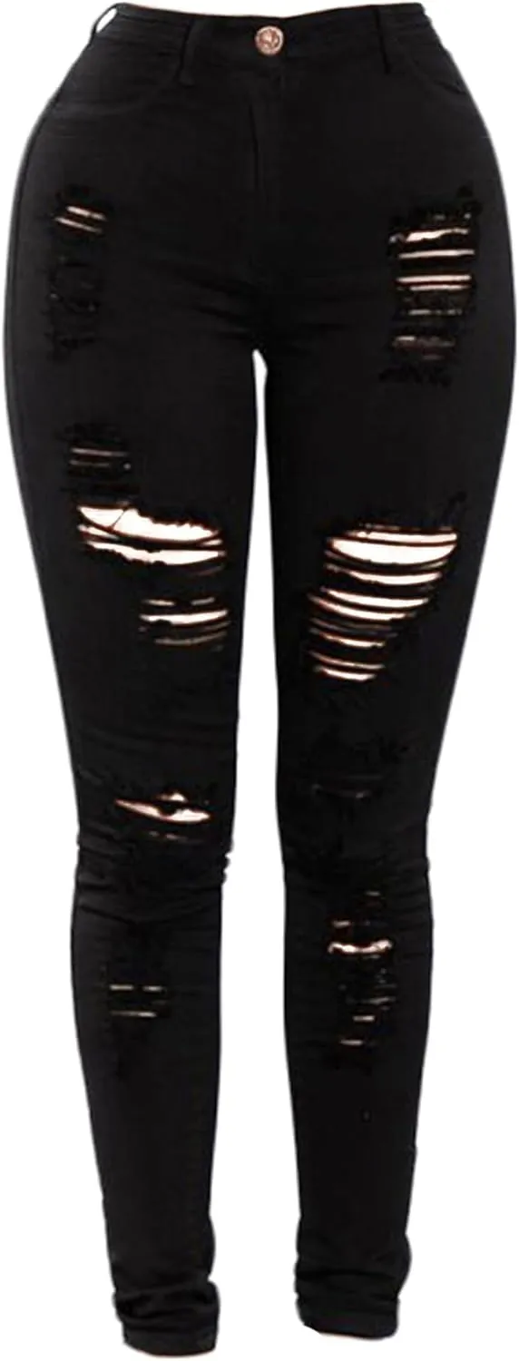 Andongnywell Women's Ripped Hole Jeans High Waisted Slim Fit Stretch Denim Pants Sexy Skinny Jeans Distressed Trousers
