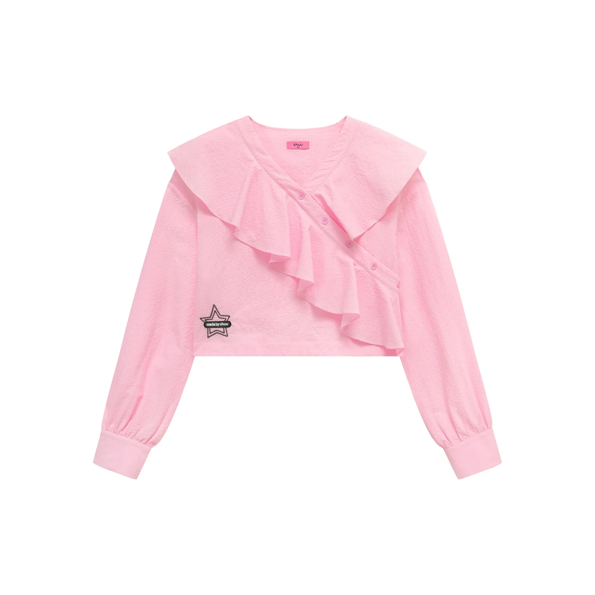 Asymmetrical Frill Big Collar Semi Crop Top