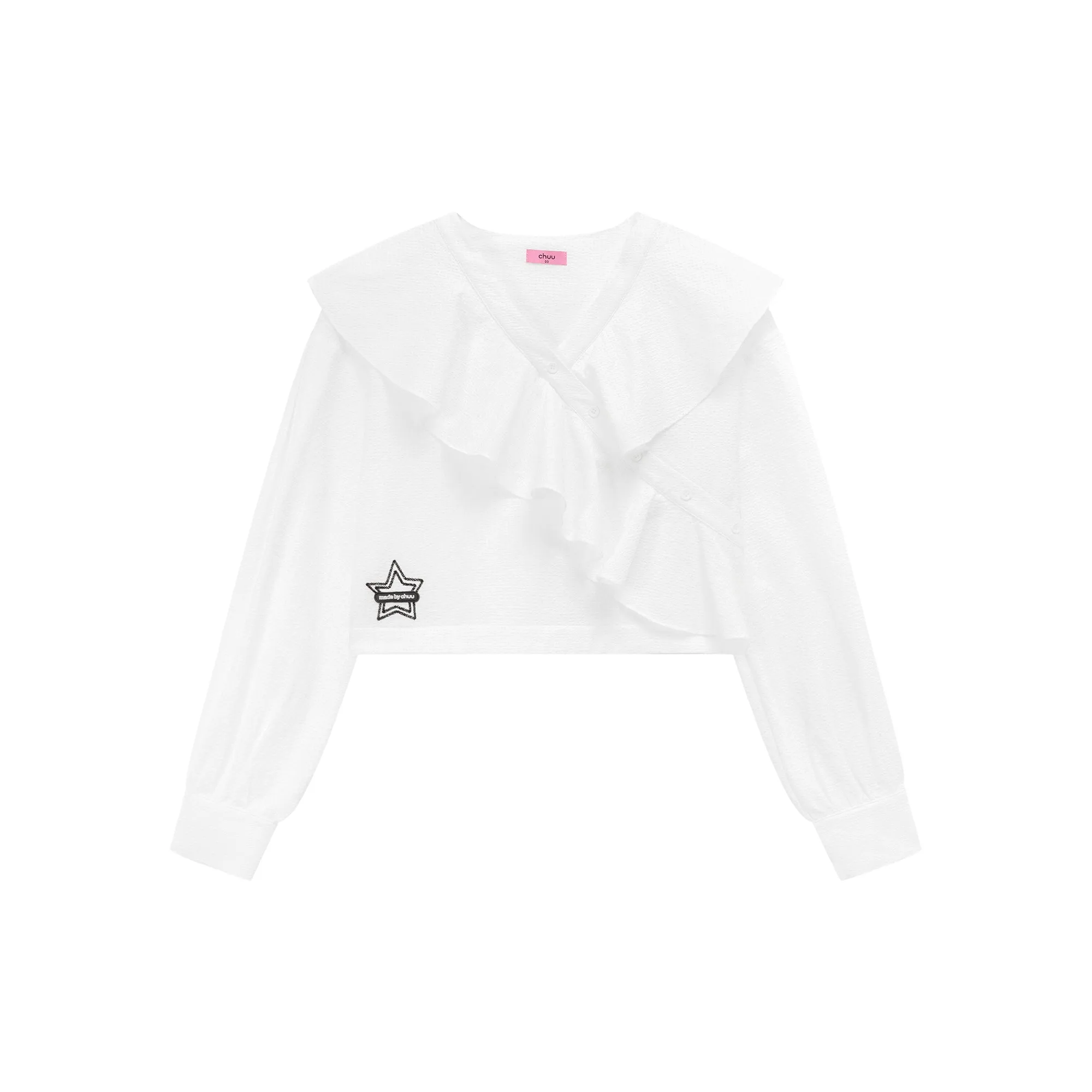 Asymmetrical Frill Big Collar Semi Crop Top