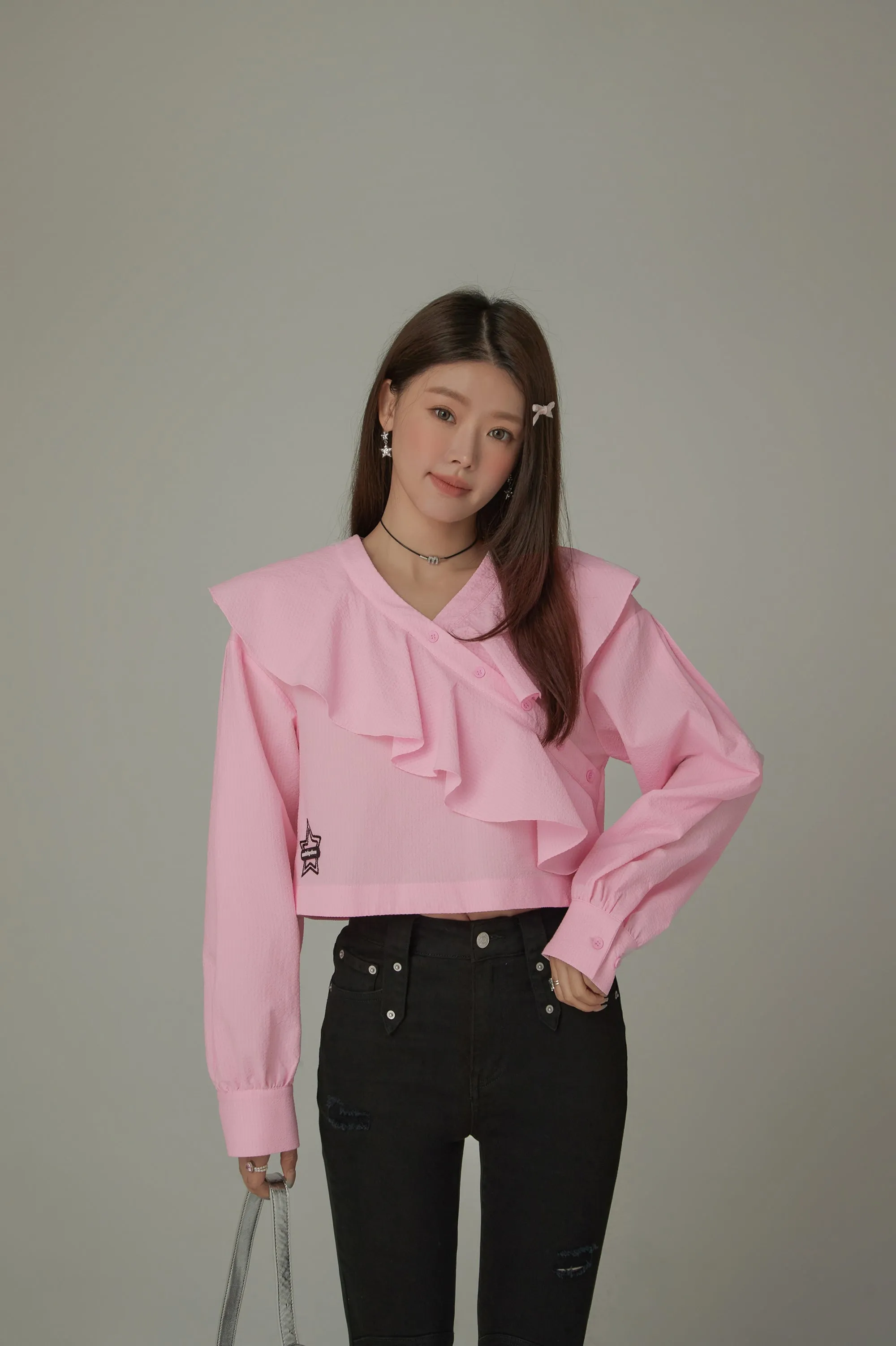 Asymmetrical Frill Big Collar Semi Crop Top