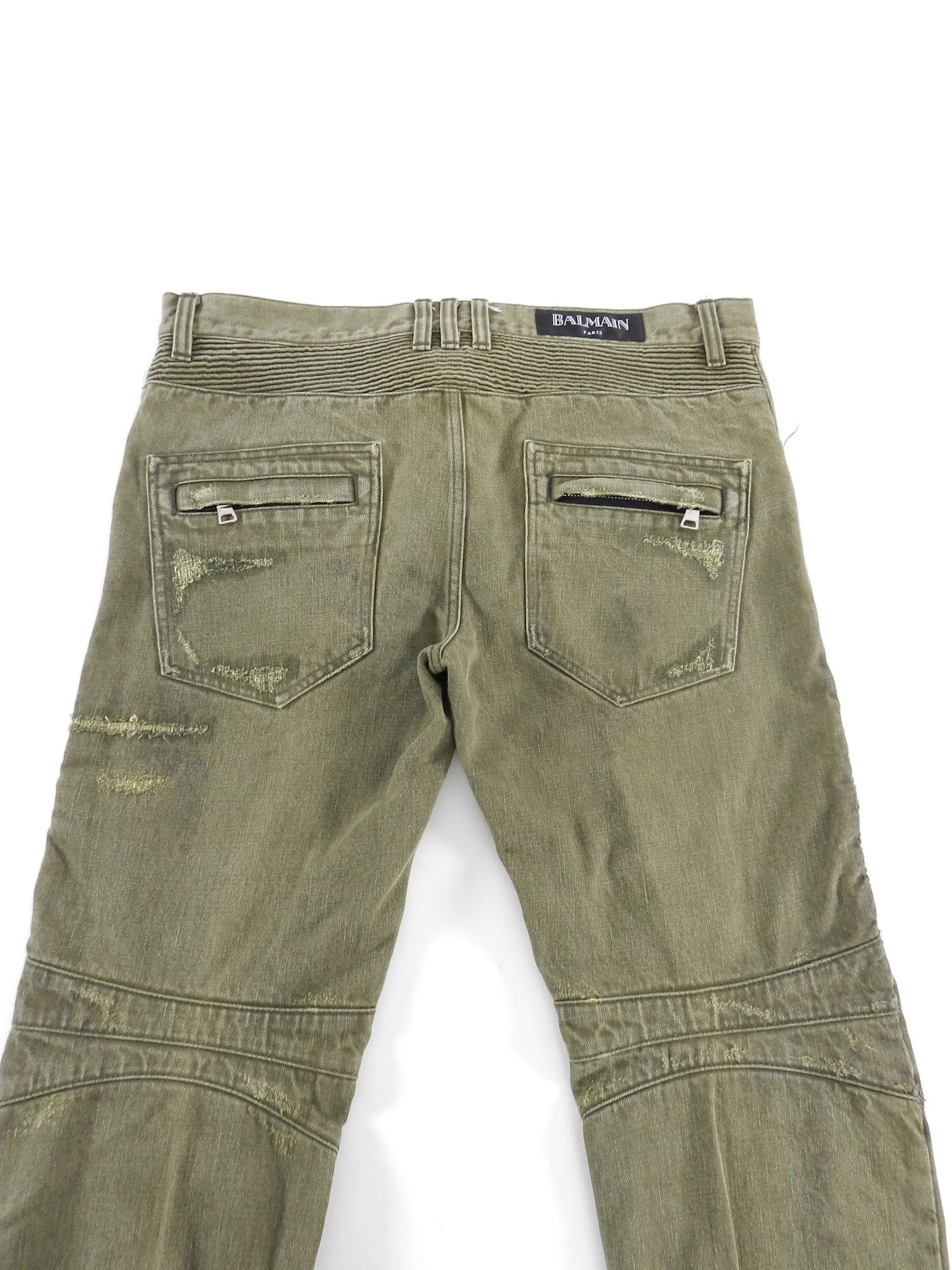 Balmain Army Green Distressed Moto Denim Jeans -  33