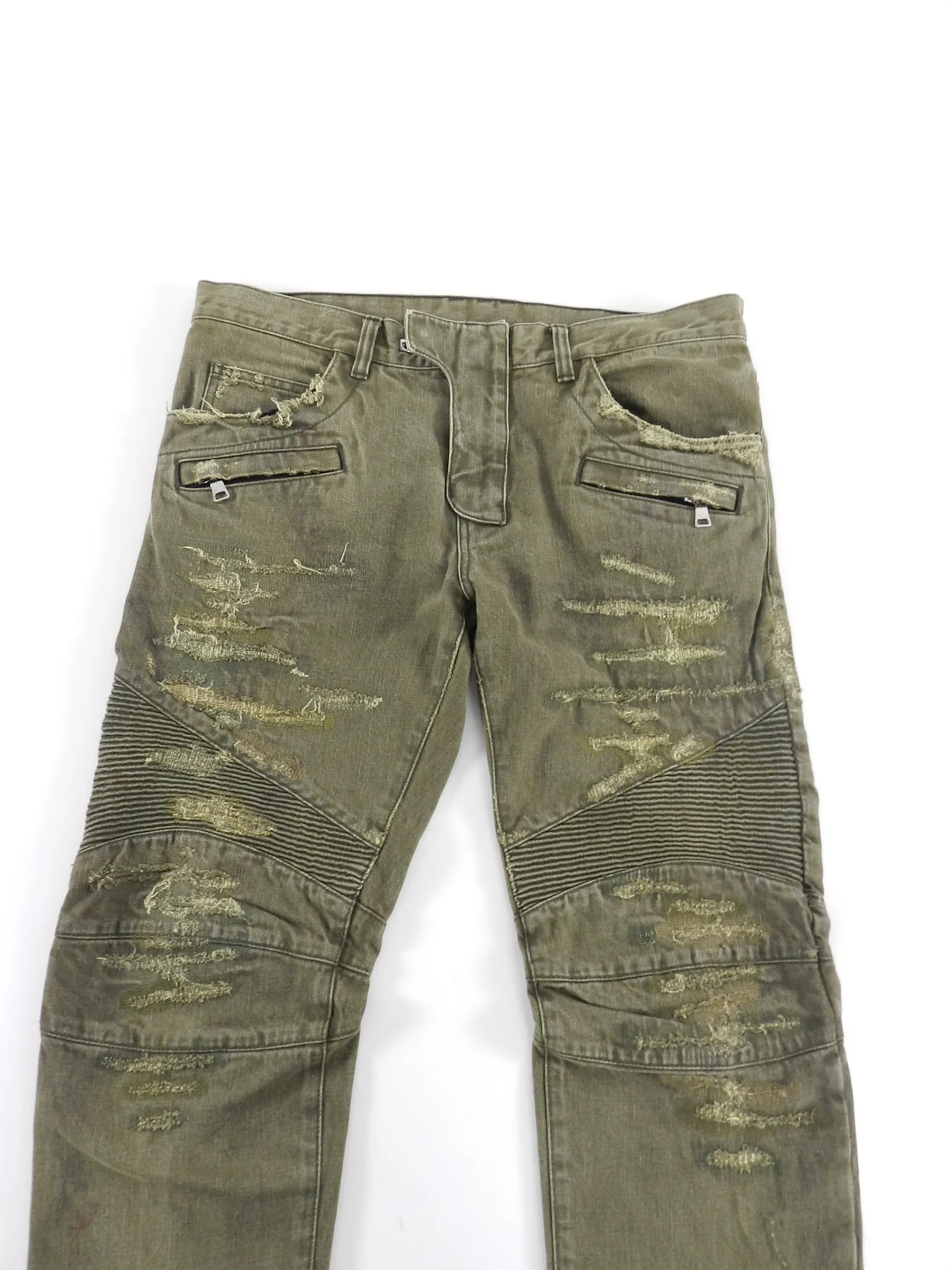 Balmain Army Green Distressed Moto Denim Jeans -  33