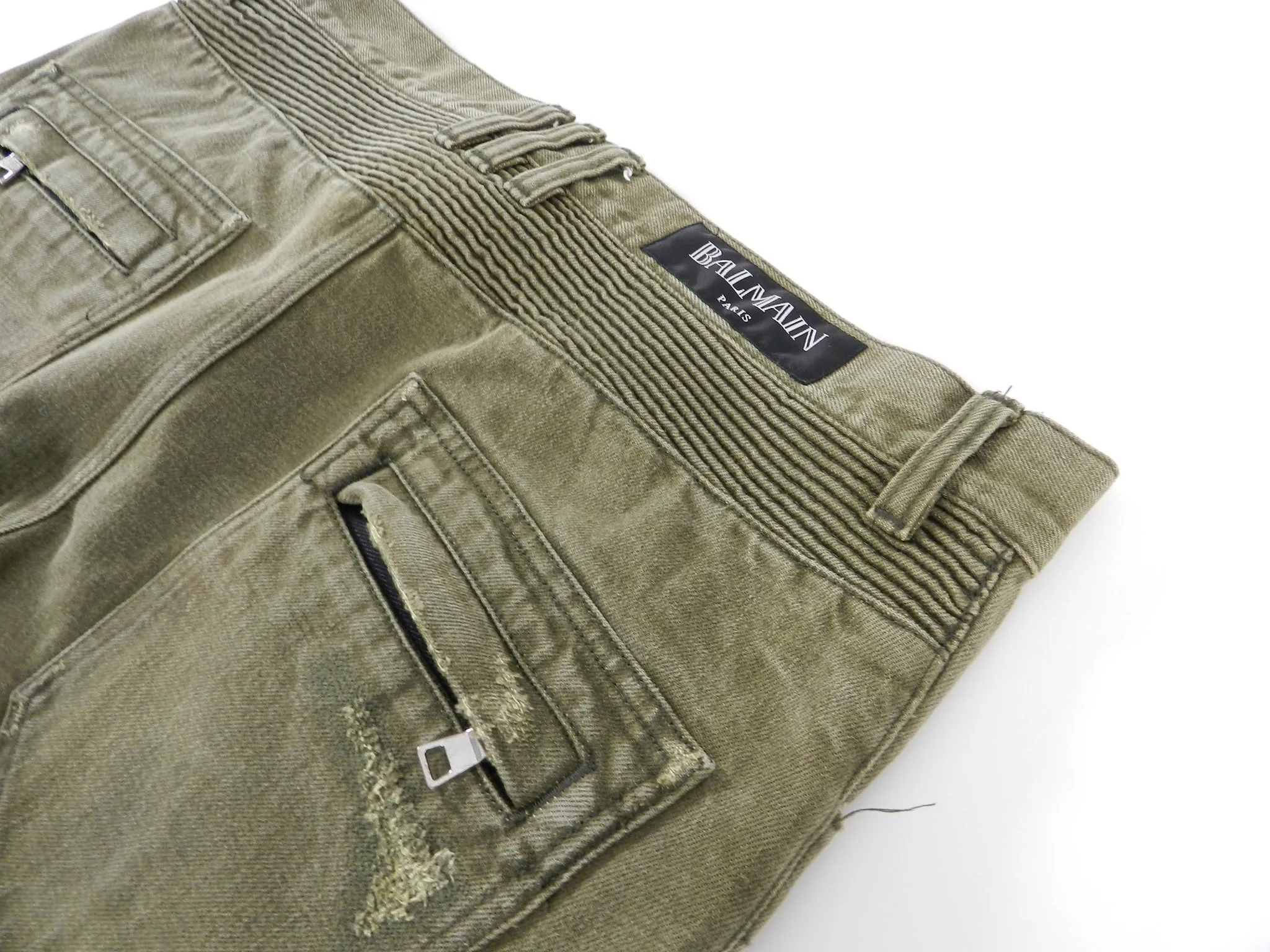 Balmain Army Green Distressed Moto Denim Jeans -  33