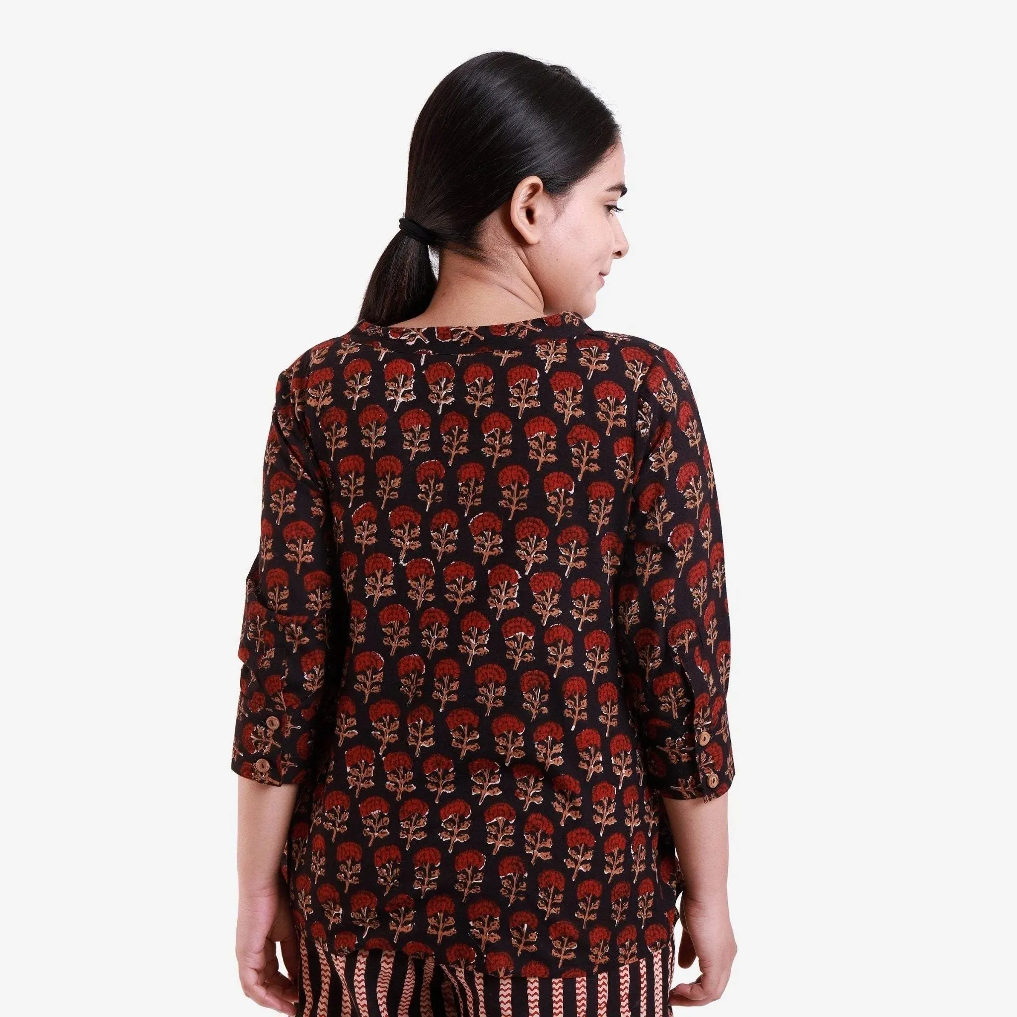 Black Floral Block Print Asymmetrical Cotton Blouse