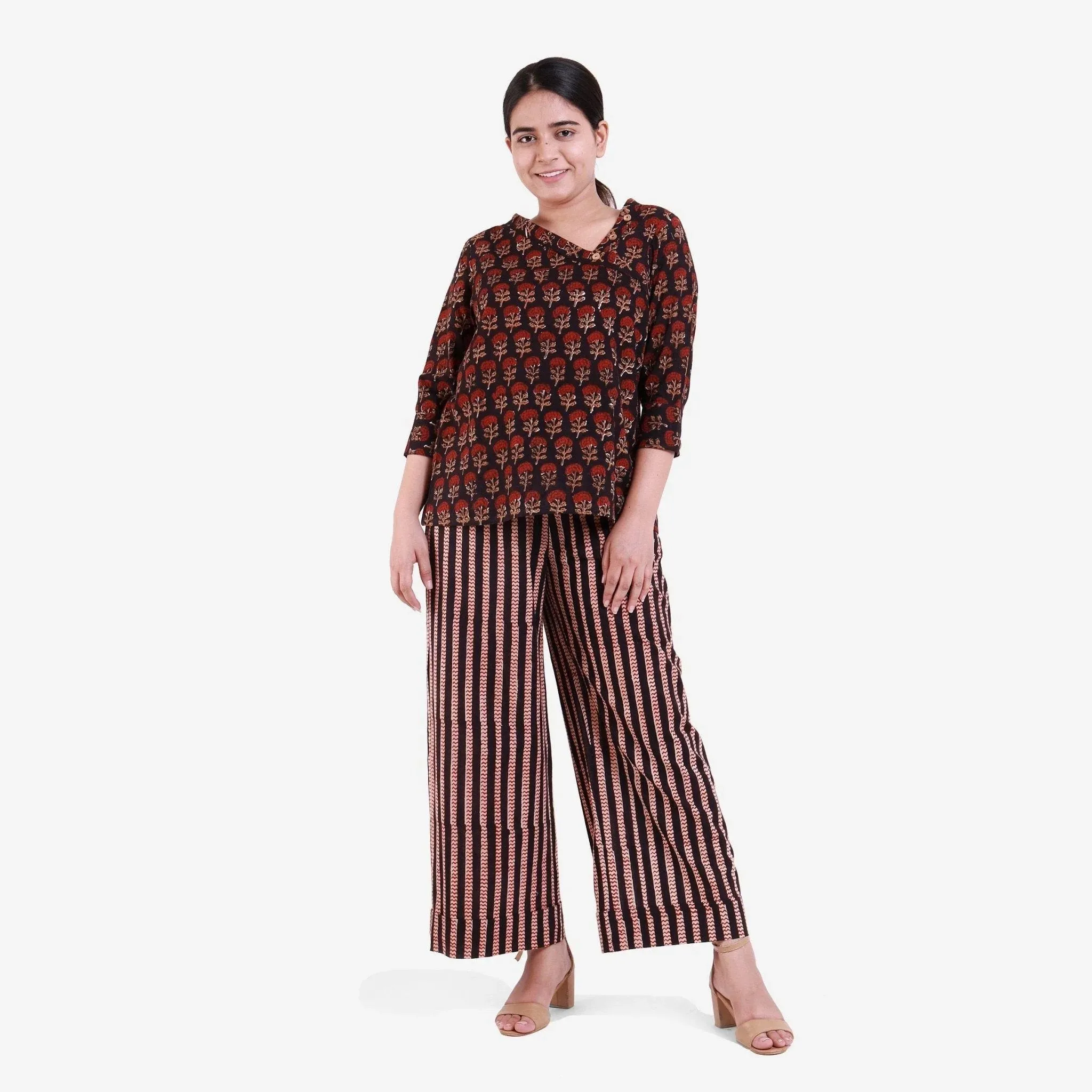 Black Floral Block Print Asymmetrical Cotton Blouse