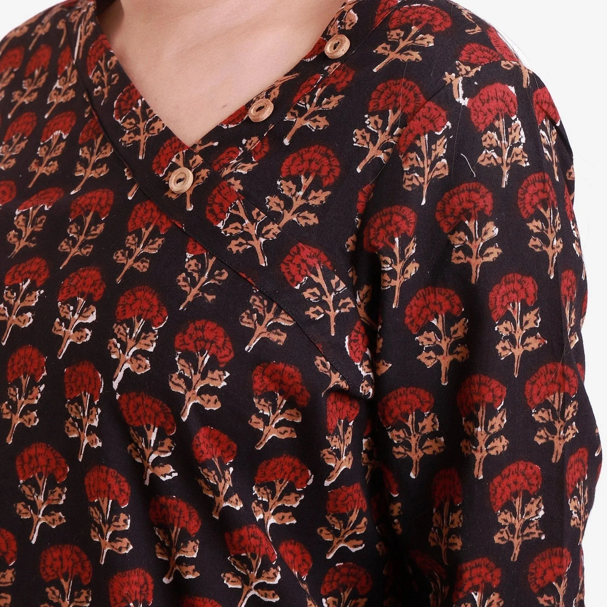 Black Floral Block Print Asymmetrical Cotton Blouse
