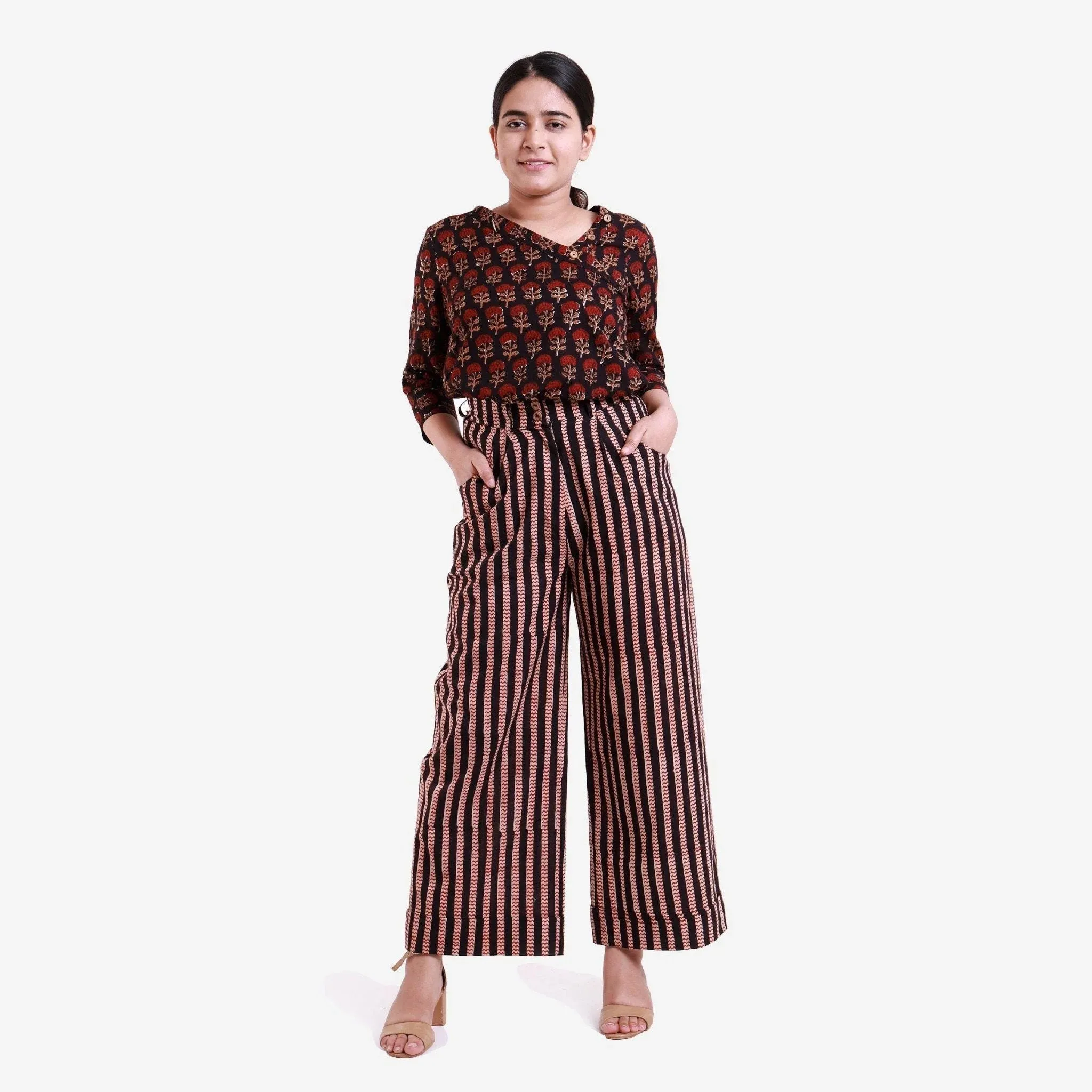 Black Floral Block Print Asymmetrical Cotton Blouse