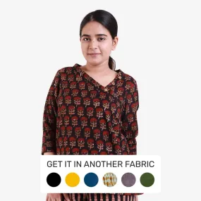 Black Floral Block Print Asymmetrical Cotton Blouse