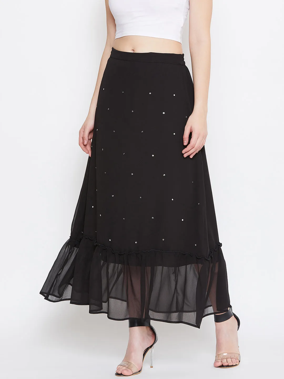 Black Hand Sequinned Gathered Skirt (Sku- BLJM20229)