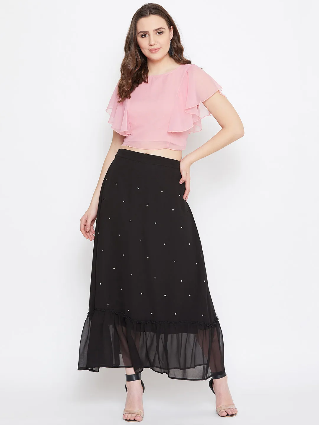 Black Hand Sequinned Gathered Skirt (Sku- BLJM20229)