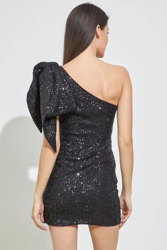 Black One Shoulder Sequins Dress