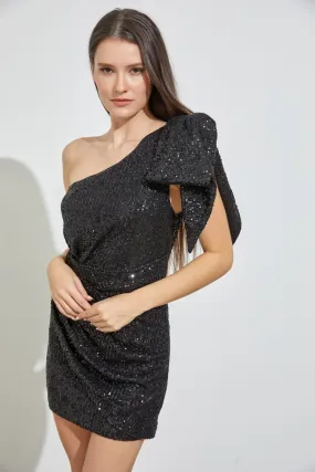 Black One Shoulder Sequins Dress