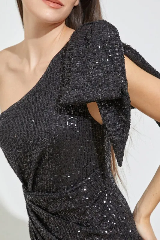 Black One Shoulder Sequins Dress