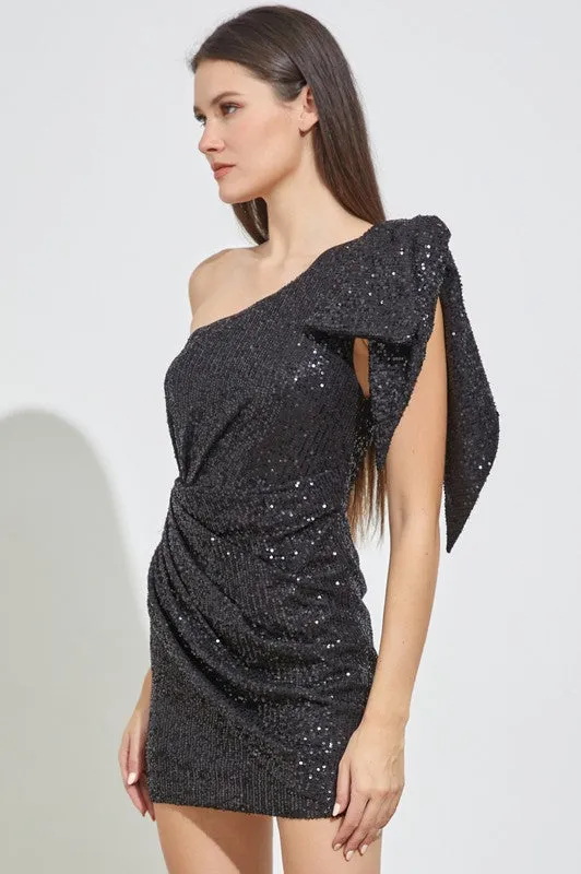 Black One Shoulder Sequins Dress