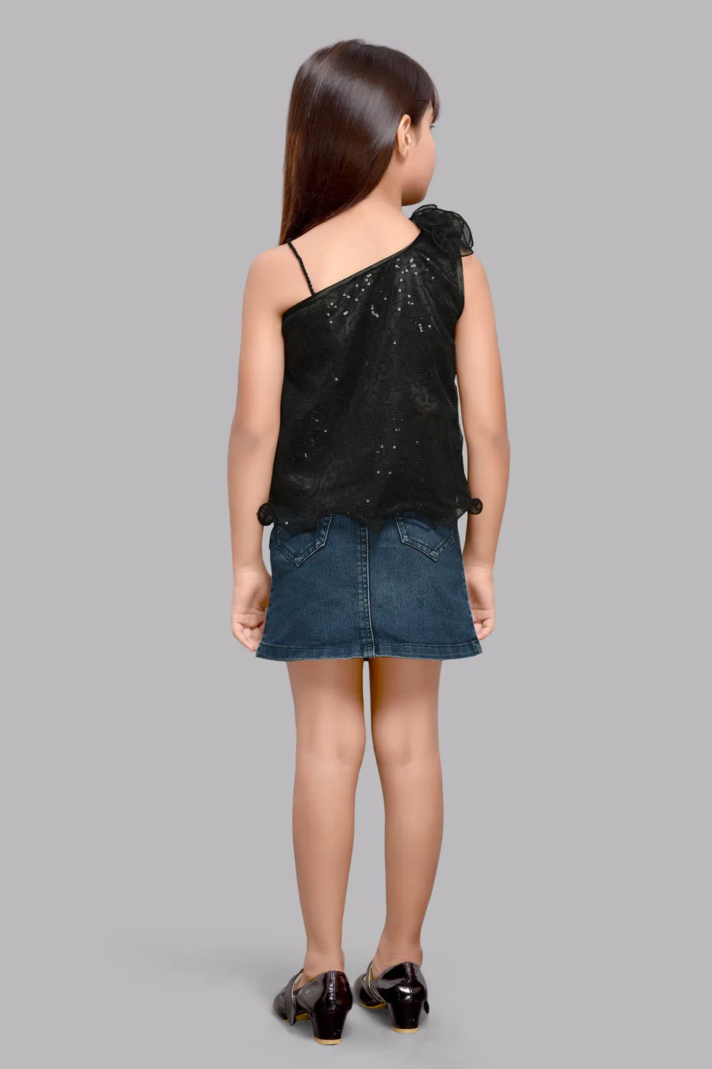 Black One Shoulder Sequins Top