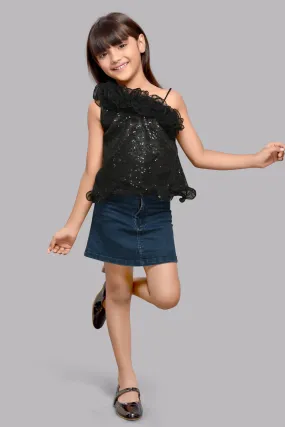 Black One Shoulder Sequins Top