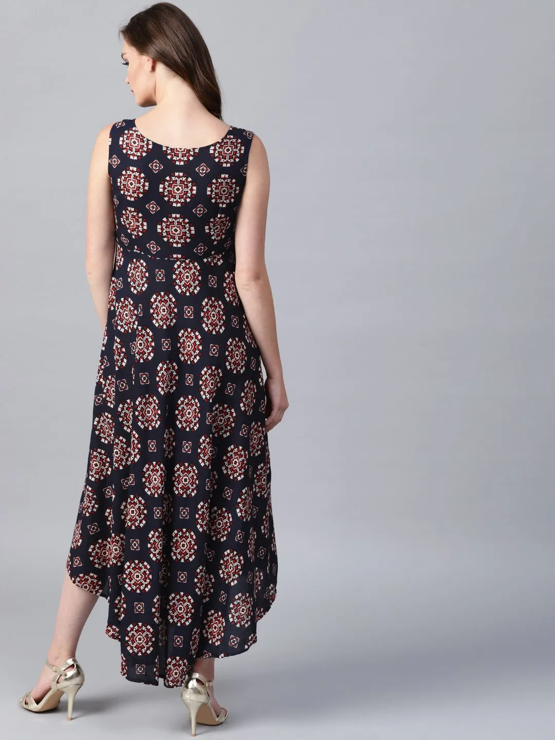 Black printed sleeveless cotton flared maxi dress