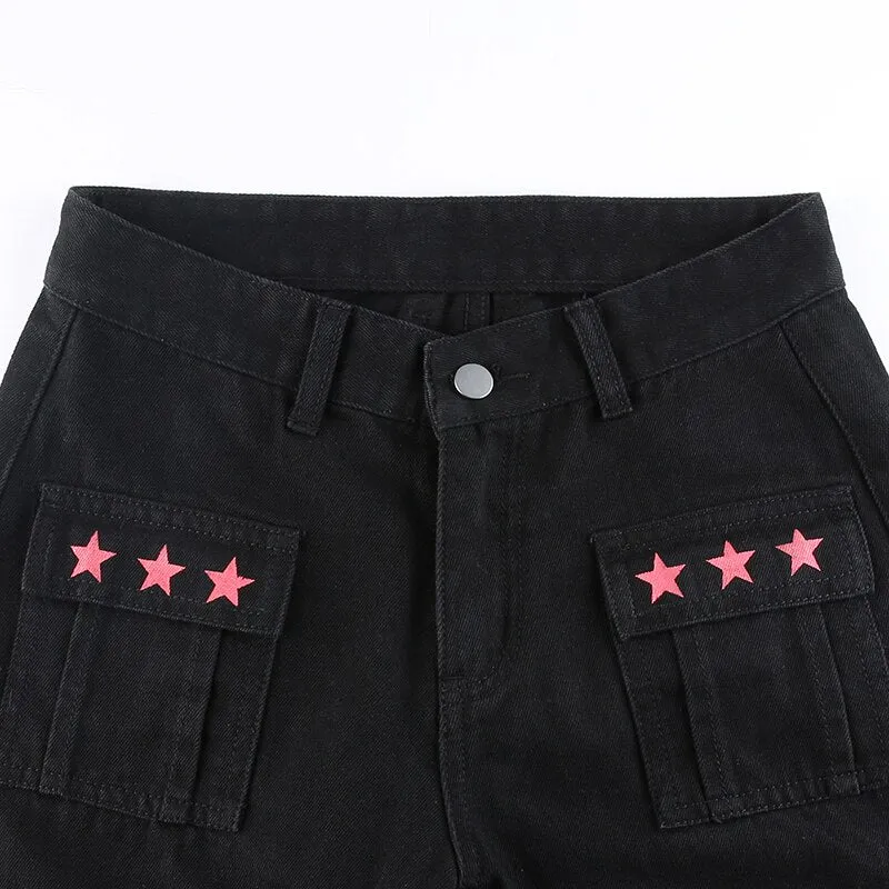 Black Red Star Utility Combat Pants With Straps