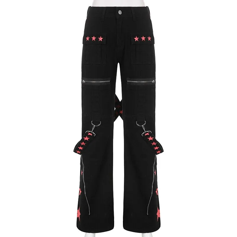 Black Red Star Utility Combat Pants With Straps