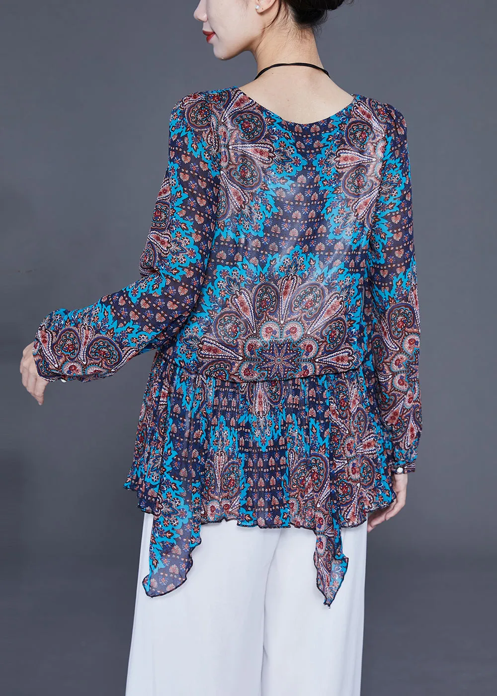 Blue Print Chiffon Shirt Tops Asymmetrical Hem Spring LY2335