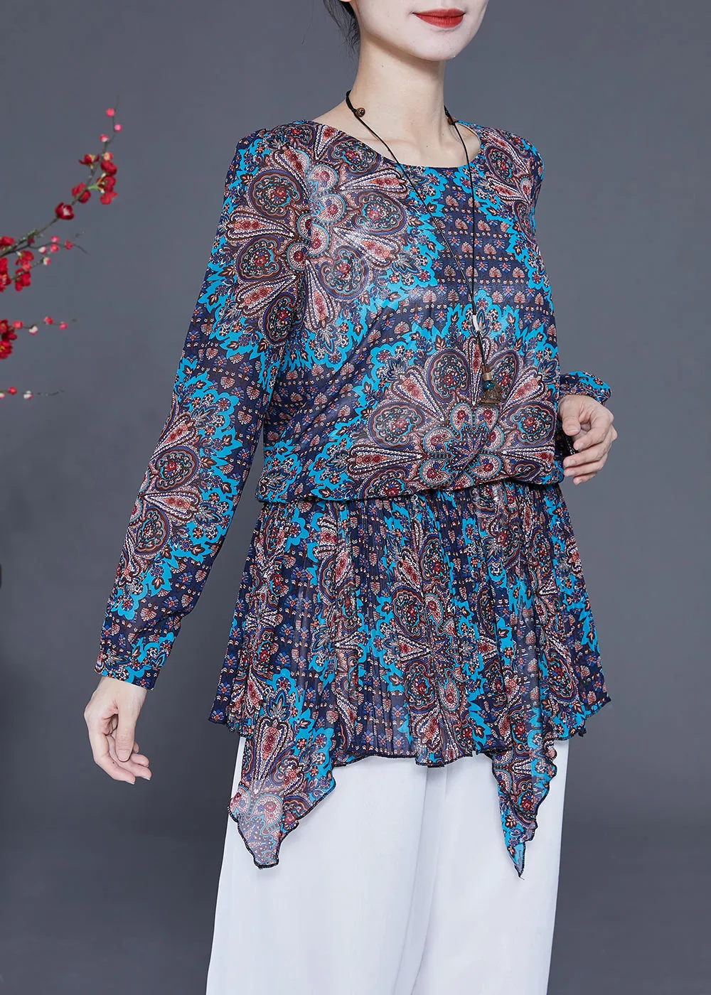 Blue Print Chiffon Shirt Tops Asymmetrical Hem Spring LY2335