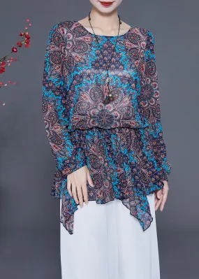 Blue Print Chiffon Shirt Tops Asymmetrical Hem Spring LY2335