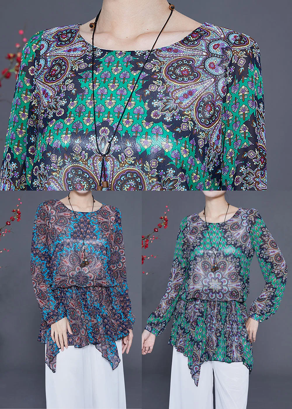 Blue Print Chiffon Shirt Tops Asymmetrical Hem Spring LY2335