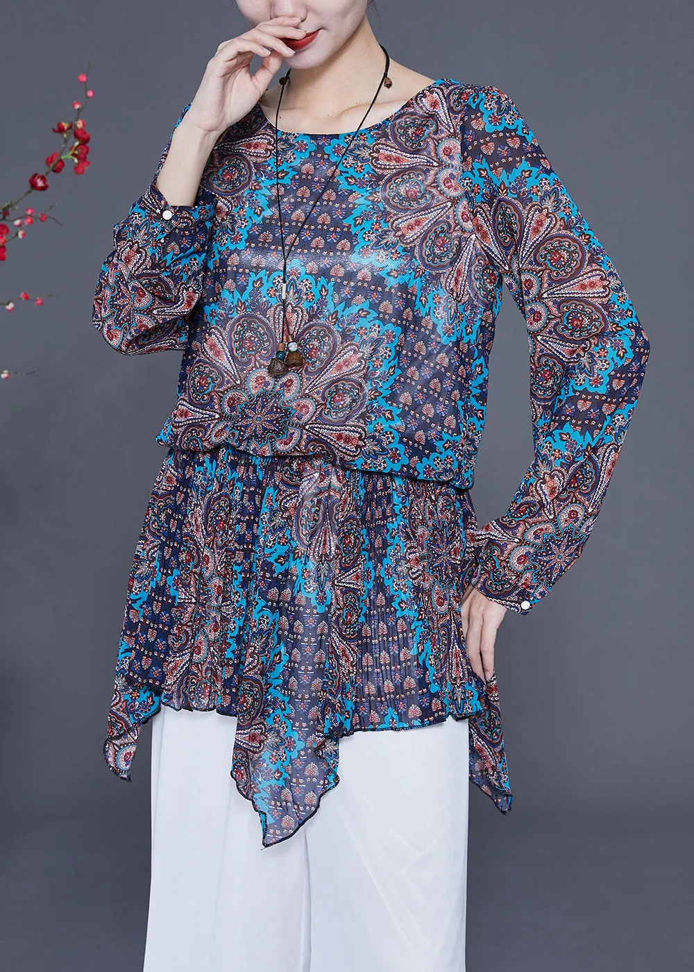 Blue Print Chiffon Shirt Tops Asymmetrical Hem Spring LY2335