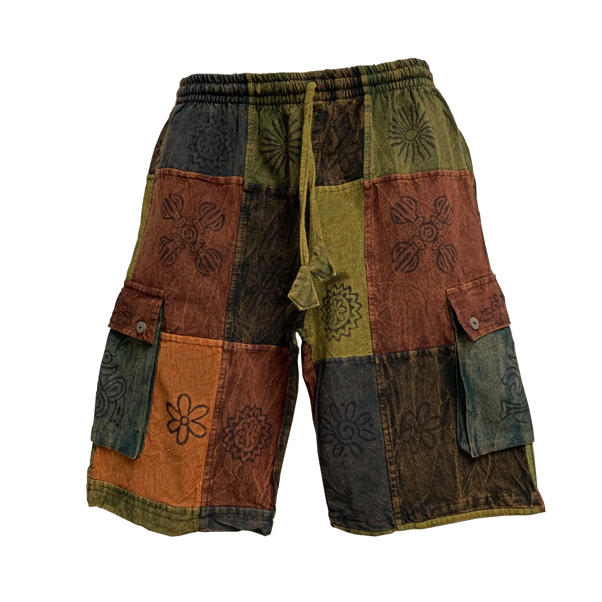 Bohemian Ethnic Printed Rustic Patchwork Five Pockets Unisex Stonewashed Cotton Handmade Cargo Shorts