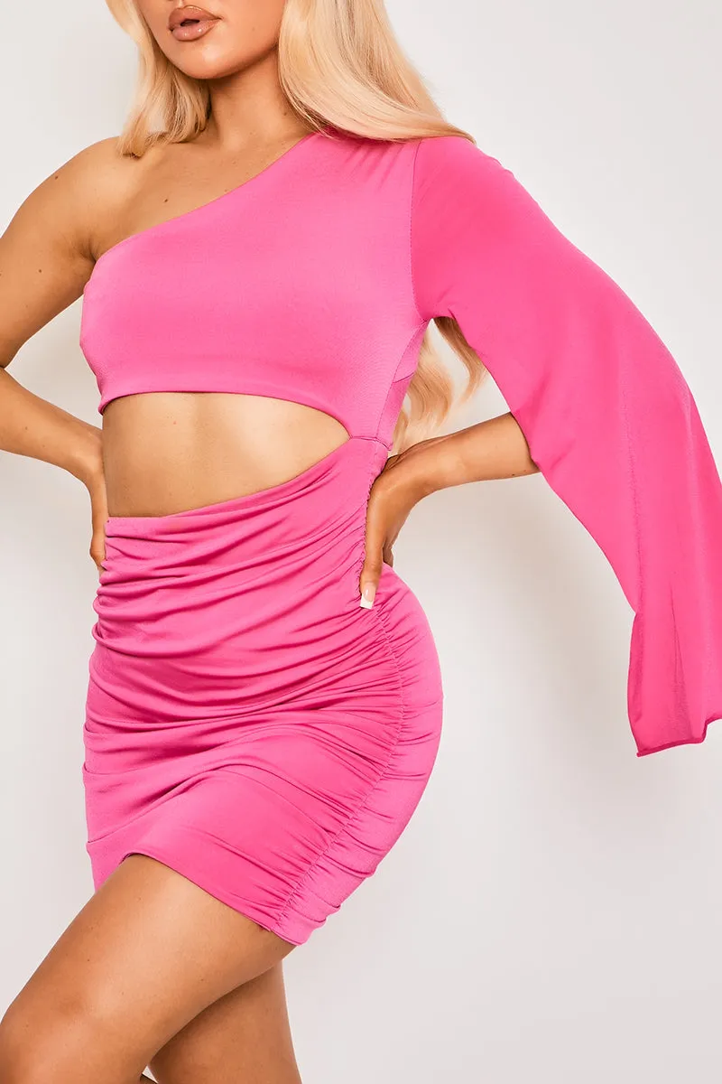 Carliegh - Hot Pink One Shoulder Cut Out Ruched Bodycon Dress