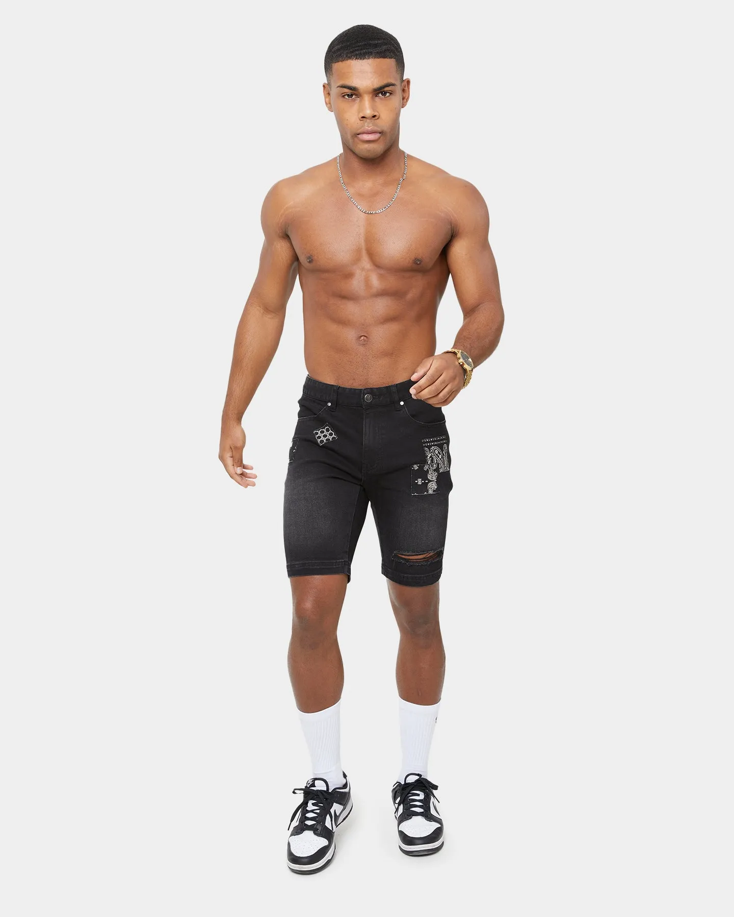Carre Bandana Ultra Patchwork Denim Shorts Washed Black