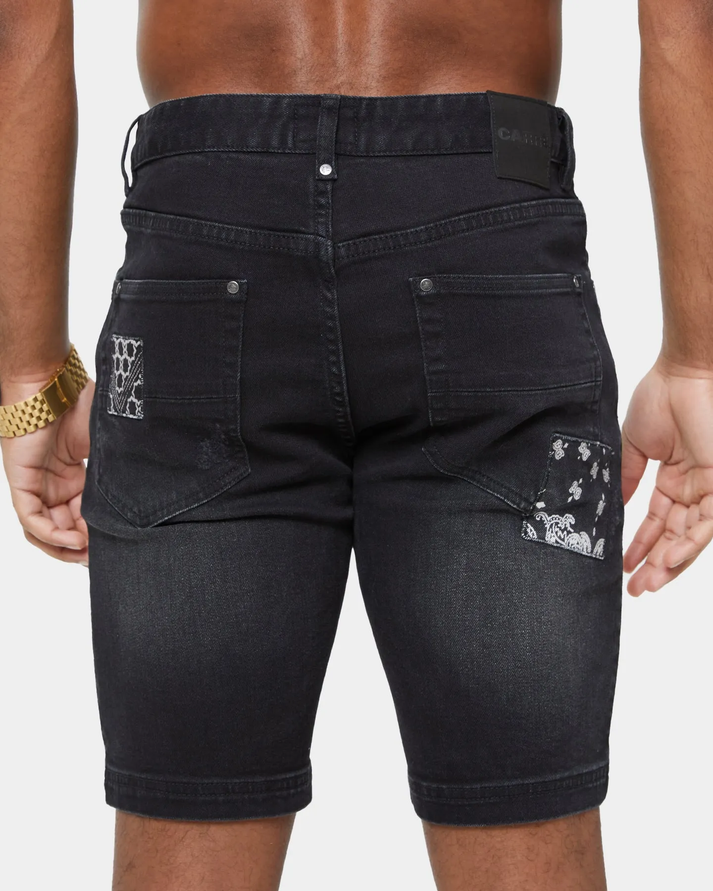 Carre Bandana Ultra Patchwork Denim Shorts Washed Black