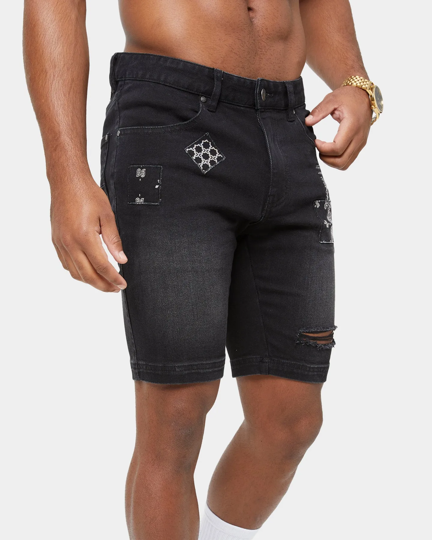 Carre Bandana Ultra Patchwork Denim Shorts Washed Black