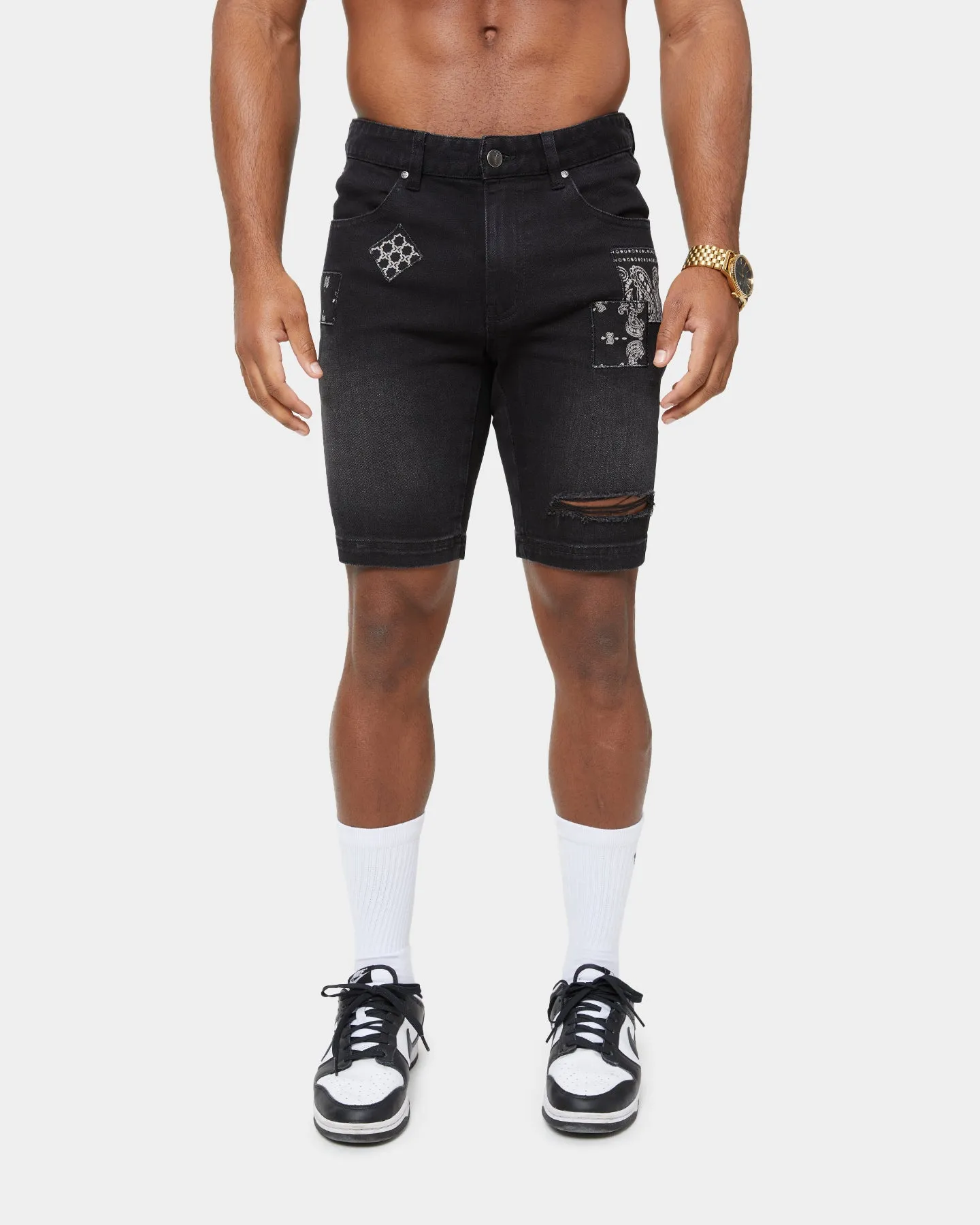 Carre Bandana Ultra Patchwork Denim Shorts Washed Black