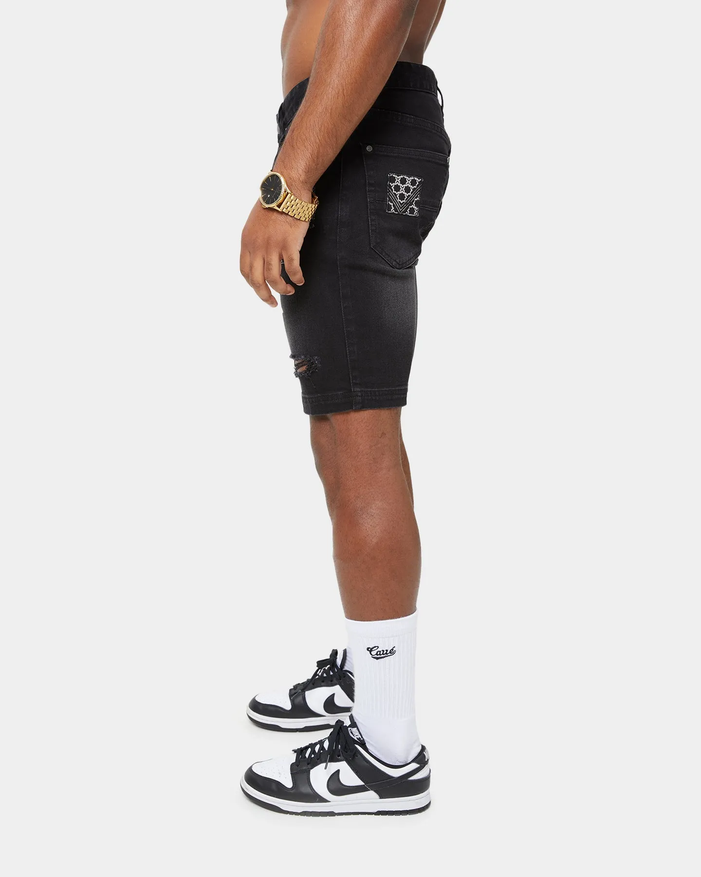 Carre Bandana Ultra Patchwork Denim Shorts Washed Black