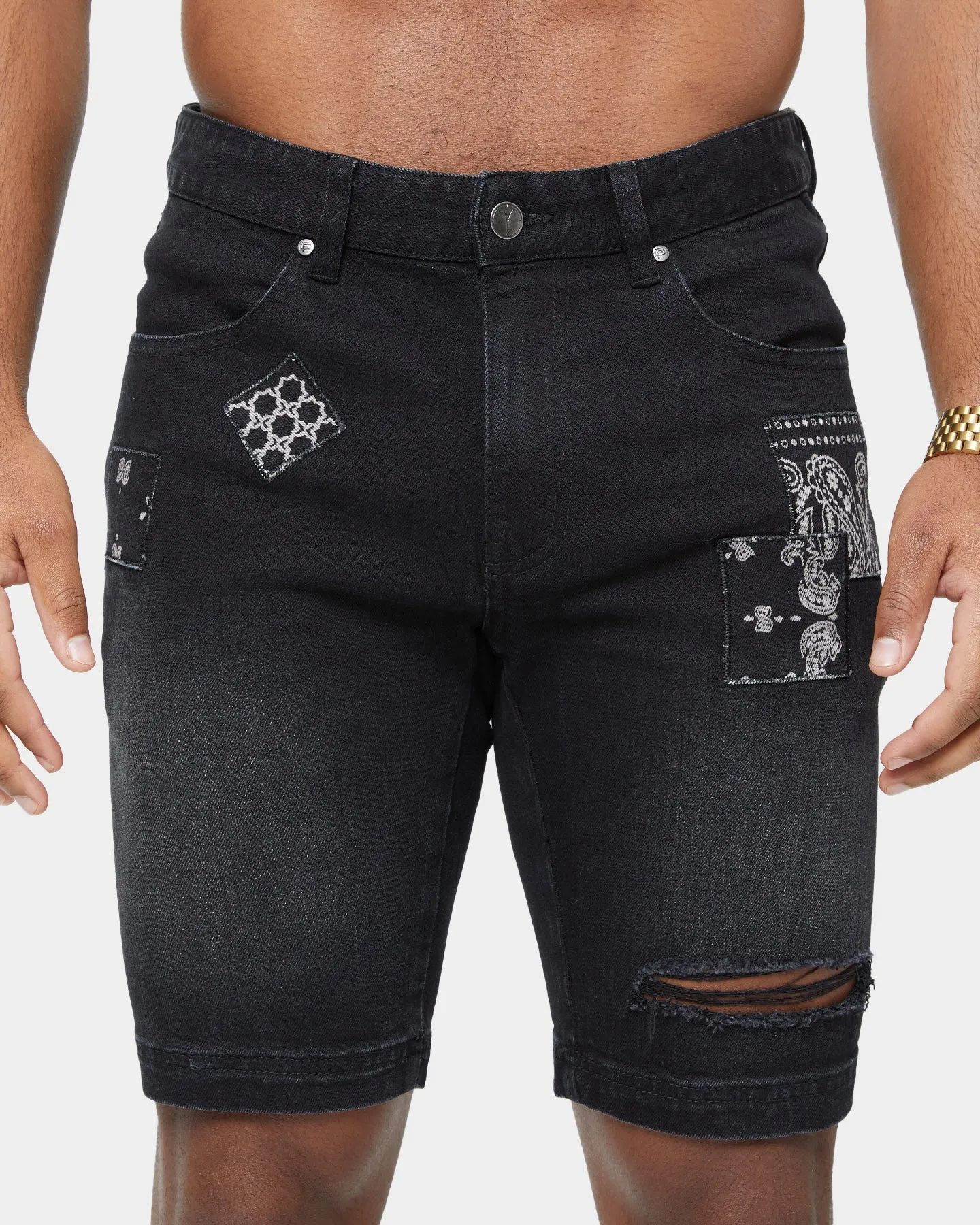 Carre Bandana Ultra Patchwork Denim Shorts Washed Black