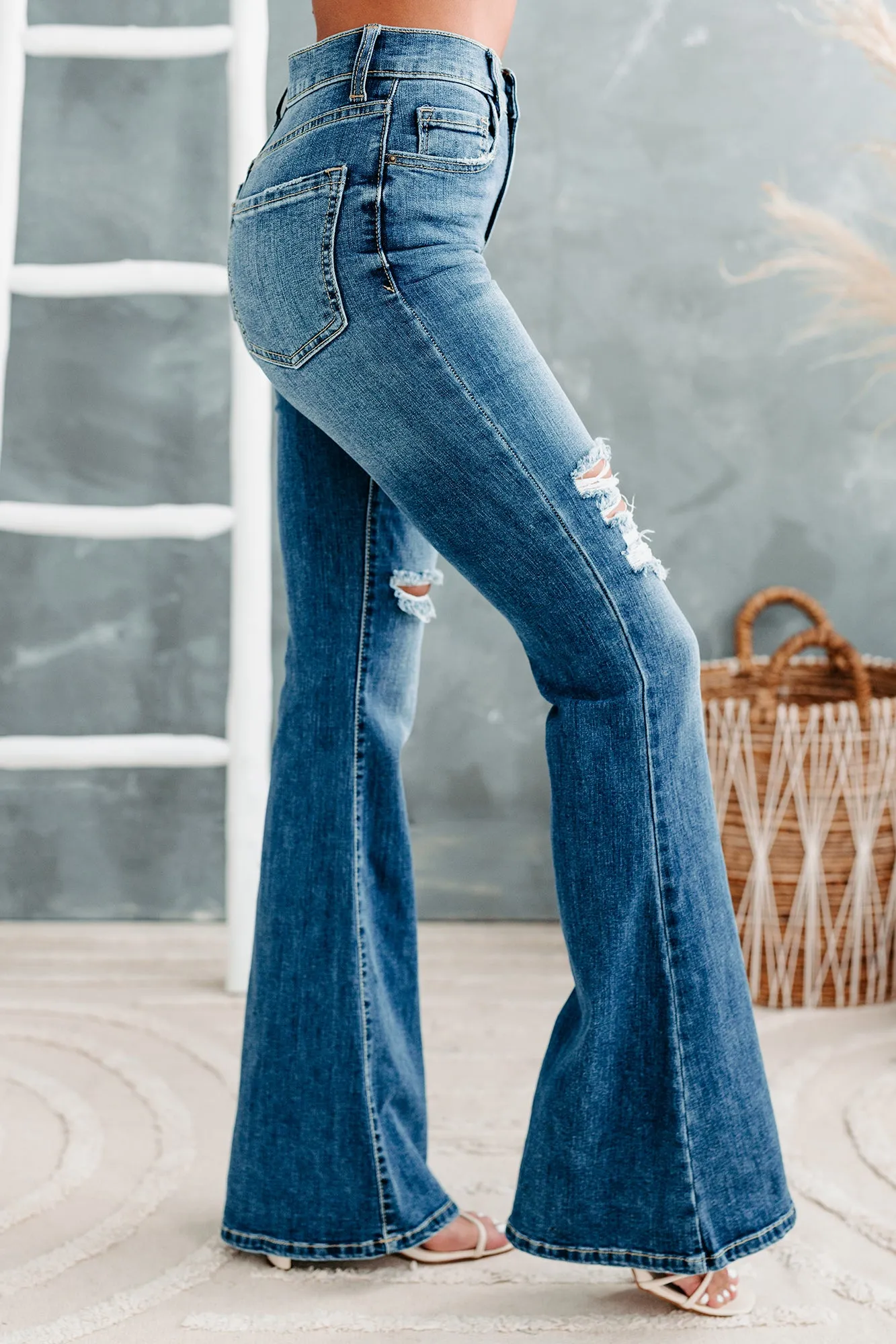 Caught Off Guard Sneak Peek High Rise Distressed Flare Jeans (Medium)