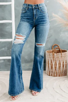 Caught Off Guard Sneak Peek High Rise Distressed Flare Jeans (Medium)