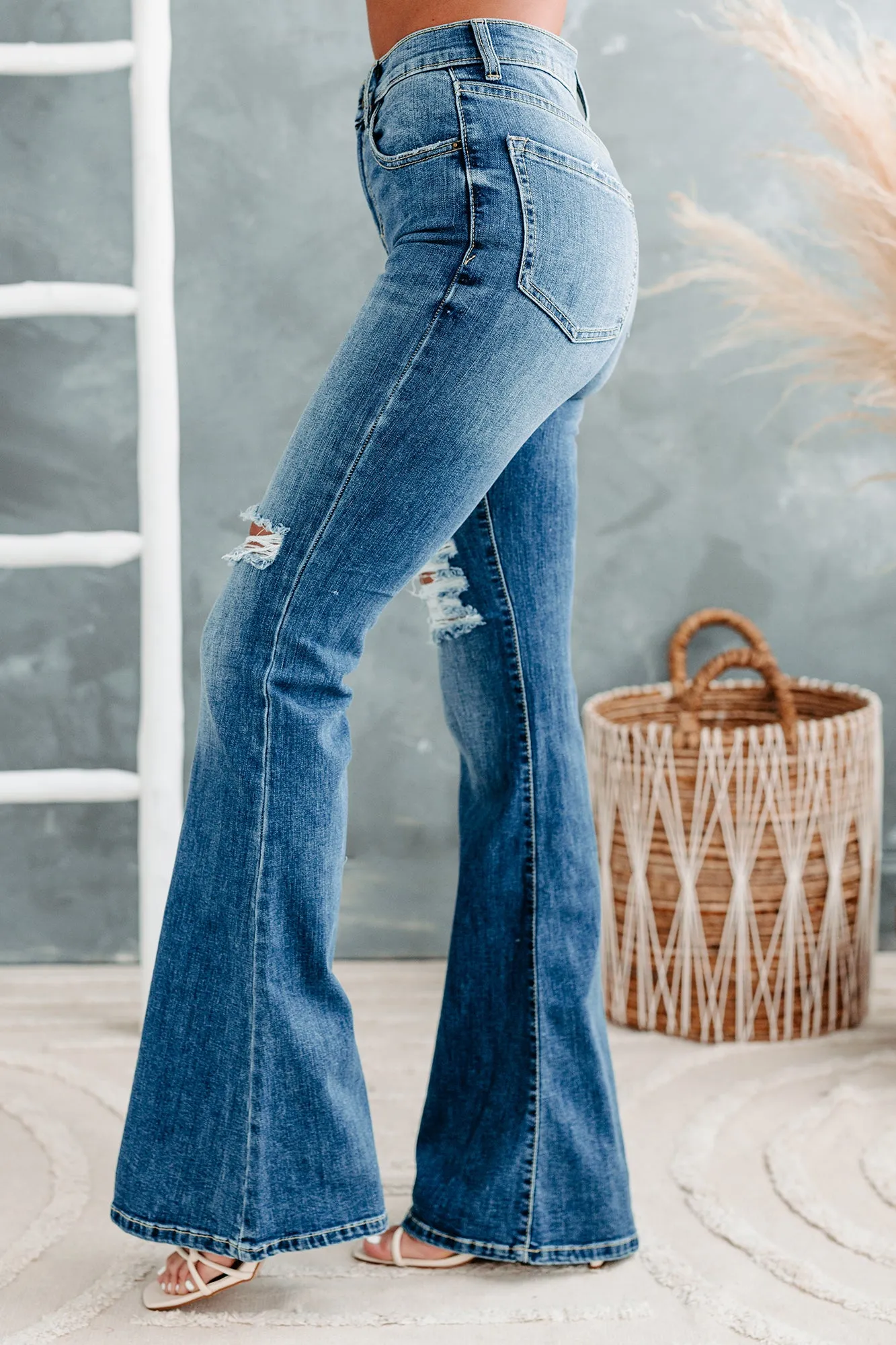 Caught Off Guard Sneak Peek High Rise Distressed Flare Jeans (Medium)