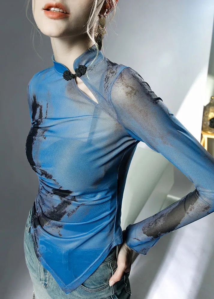 Chic Blue Stand Collar Asymmetrical Print Tulle Tops Fall AL1071