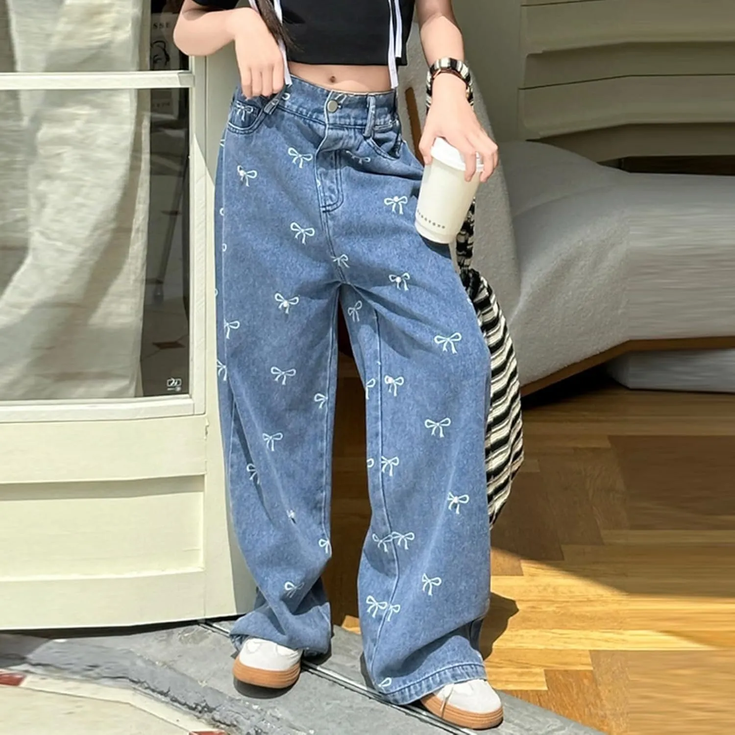 Children Kids Casual Ripped Jeans Wide Straight Leg Elastic Mid Waisted Baggy Trousers Summer Fashion Trendy Denim Pants